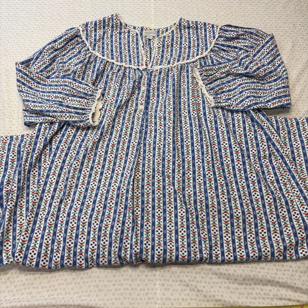 Lanz of Salzburty Nightgown Flannel Blue White Stripes Floral Cottage Hearts 3X